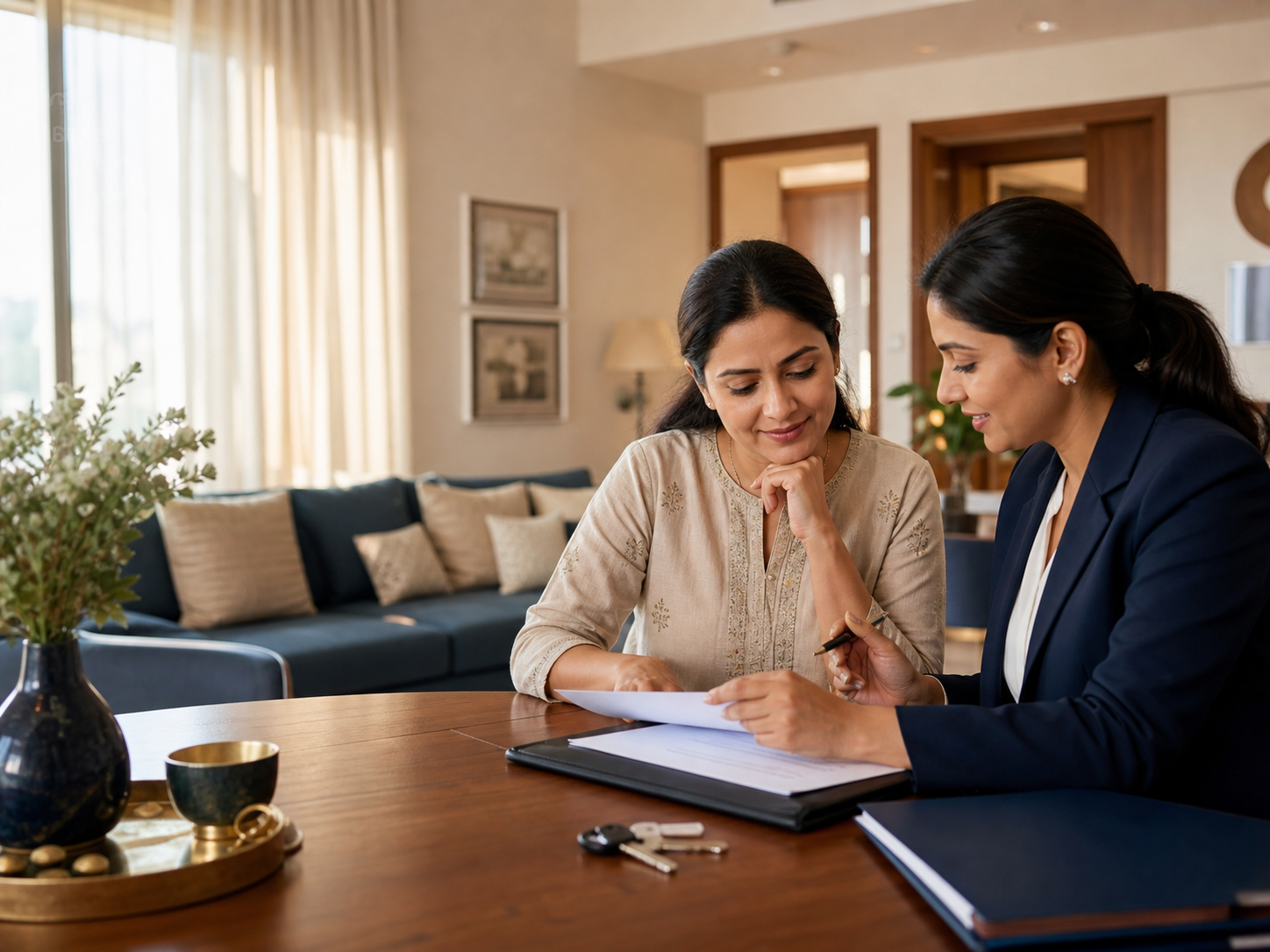 Homeowner and property advisor reviewing documents with care and transparency